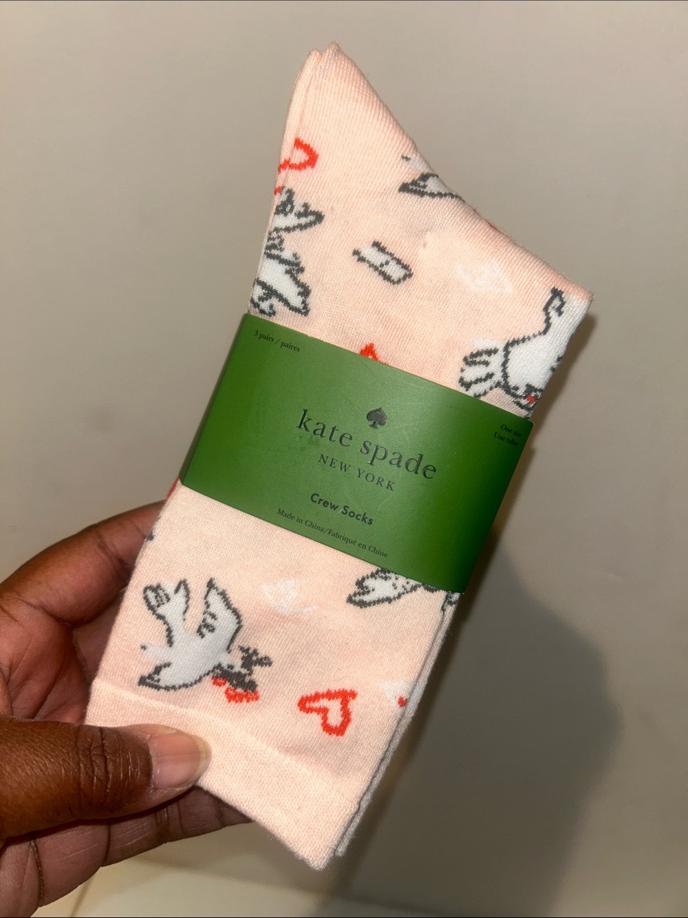 kate spade Pale Pink Dove & Heart Crew Socks
